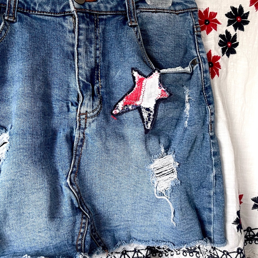 Denim Blue Distressed Women's skirt with Star Patch
